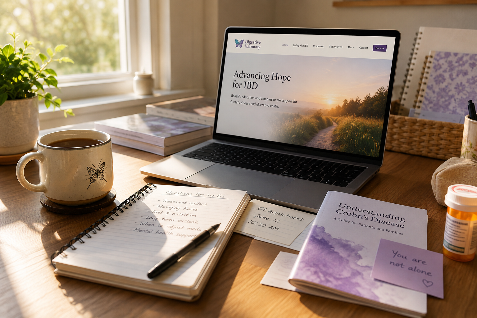 A sunlit desk with a laptop displaying Digestive Harmony, an appointment notebook, patient guide, and supportive IBD resources.