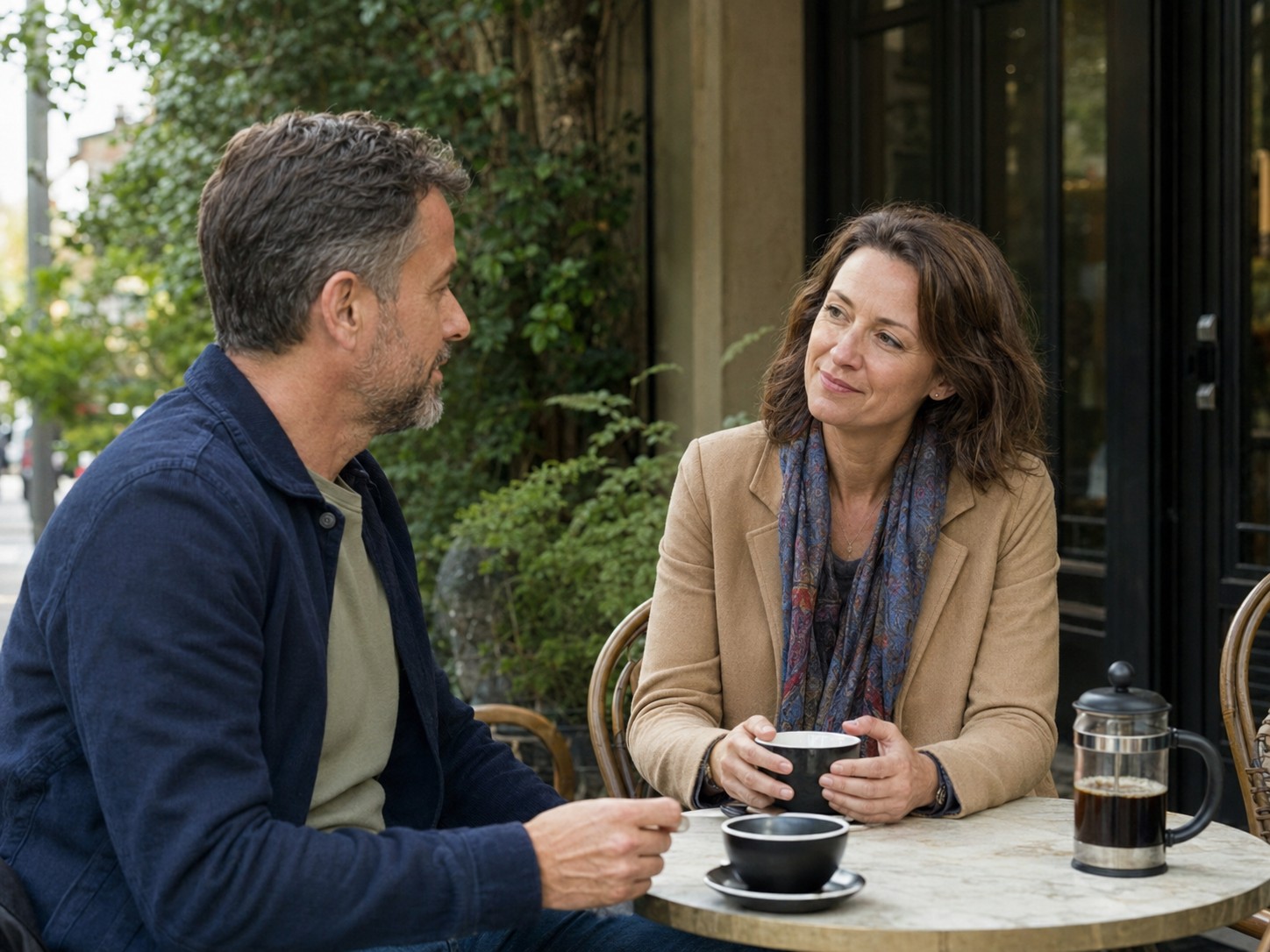 Two adult friends having a supportive conversation at an outdoor café.