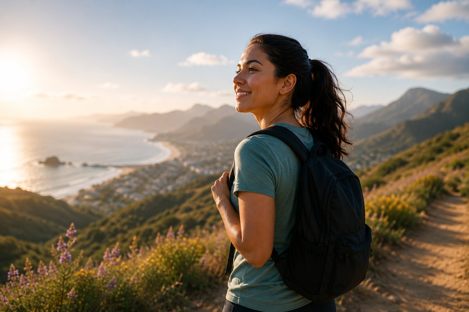 A hiker overlooking a sunlit coastline and mountains