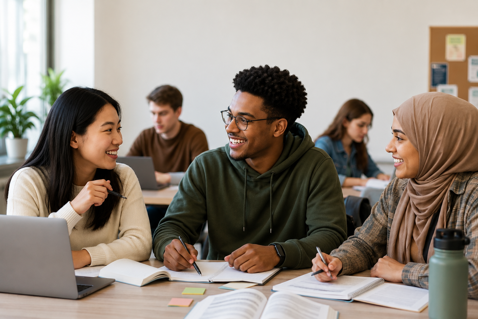 Students talking together on a bright college campus