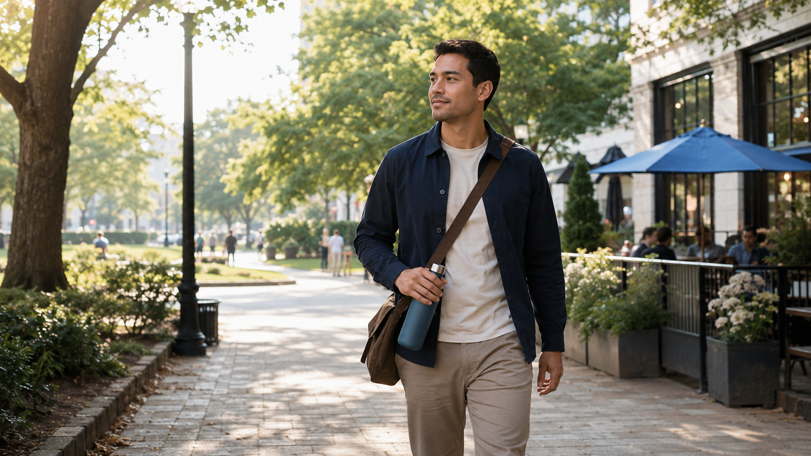 A man walking confidently through a neighborhood carrying a water bottle and crossbody bag