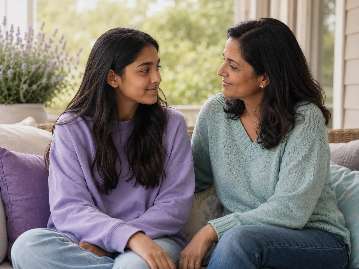 A parent having a supportive conversation with their teenager.